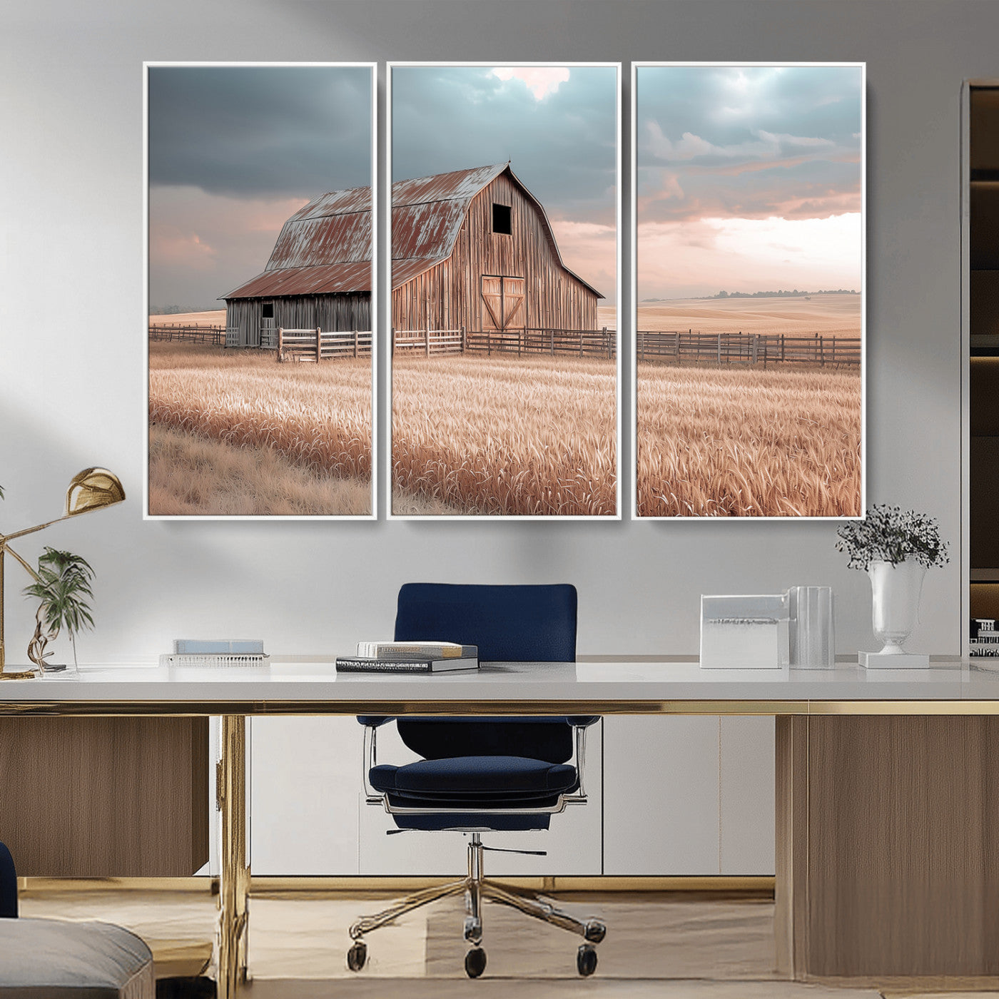 MGV-FC-48X32-3P - Rustic Barn Wall Art Canvas Print, Framed Wheat Field Art Picture Print, Sunset Barn Perfect Vintage Farmhouse Decor Artwork