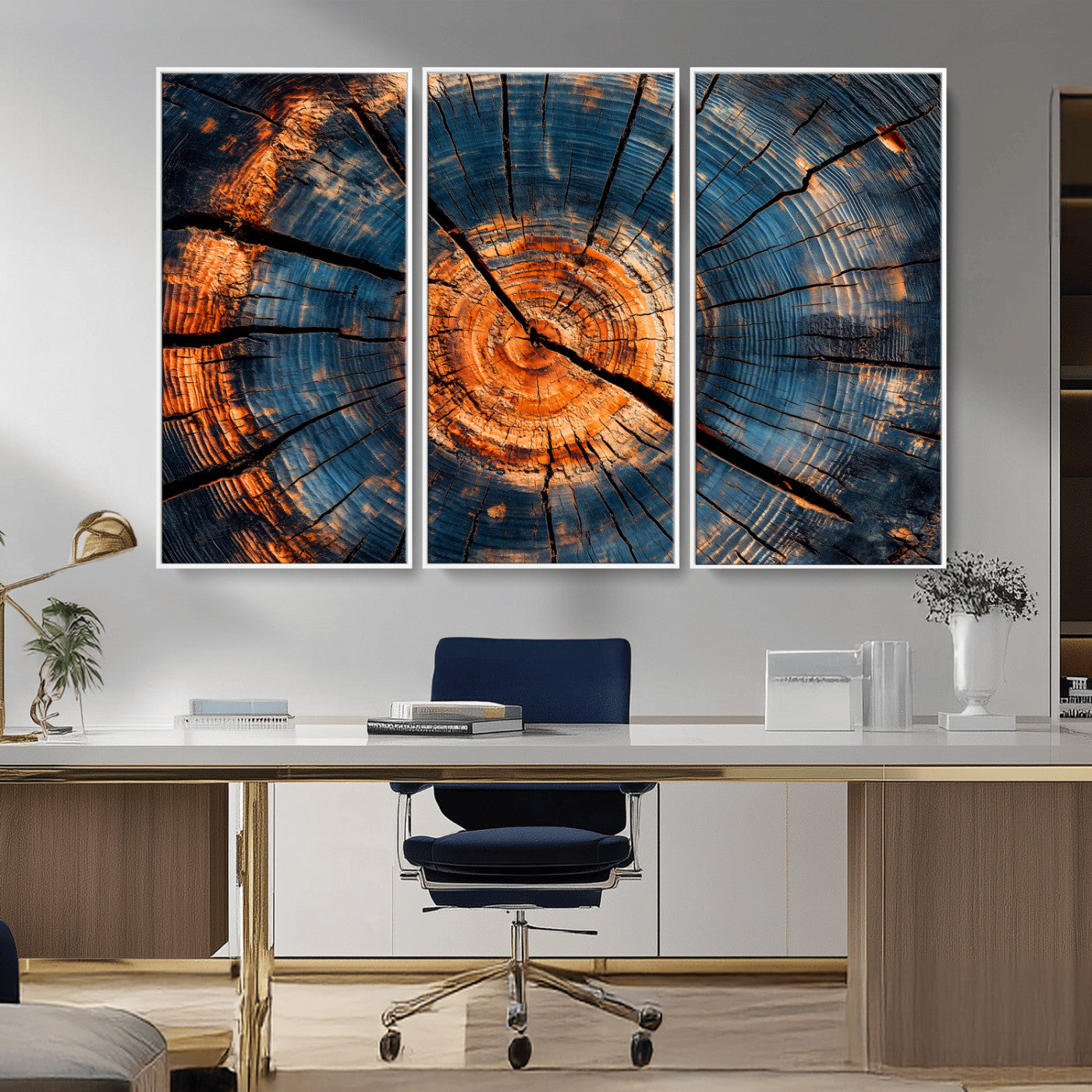 MGV-FC-48X32-3P - Burnt Wood Wall Art Canvas Print, Framed Aged Timber Art Picture Print, Rustic Tree Slice Perfect Rustic Decor Artwork