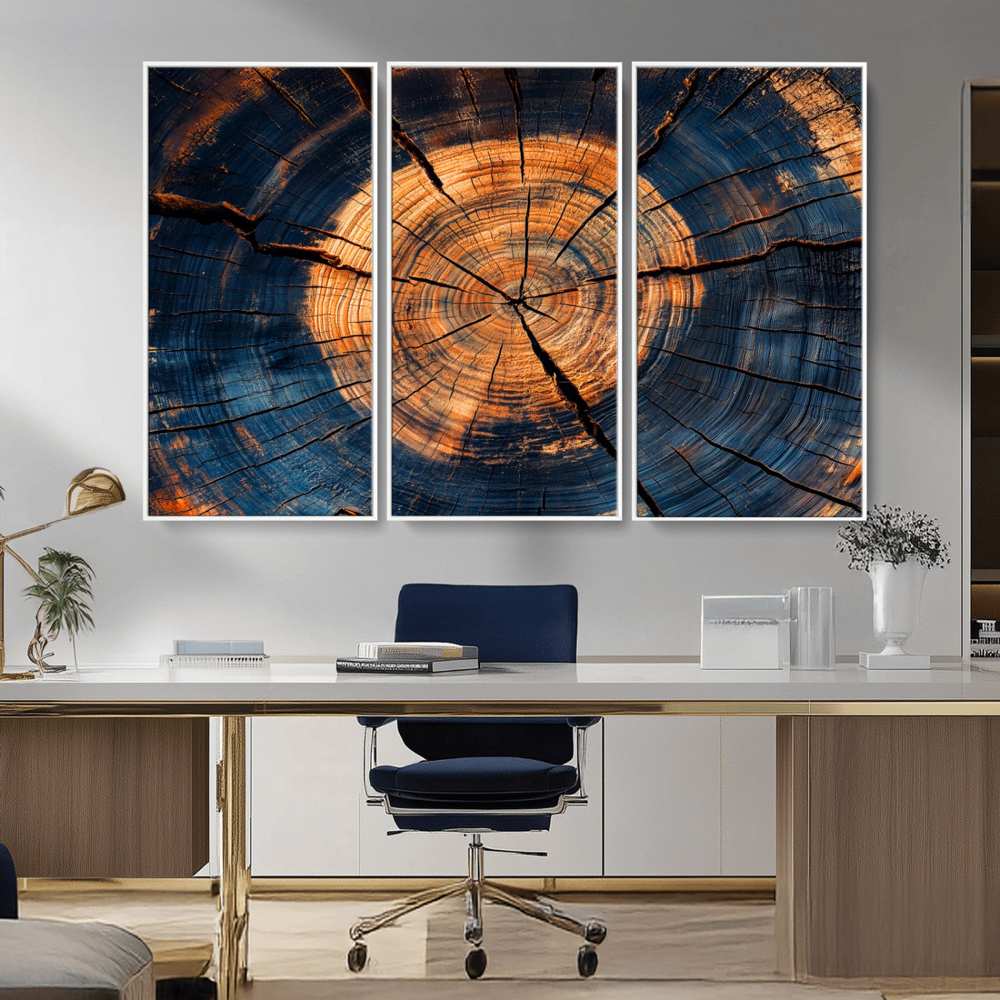 MGV-FC-48X32-3P - Burnt Wood Wall Art Canvas Print, Framed Aged Timber Art Picture Print, Rustic Tree Slice Perfect Rustic Decor Artwork