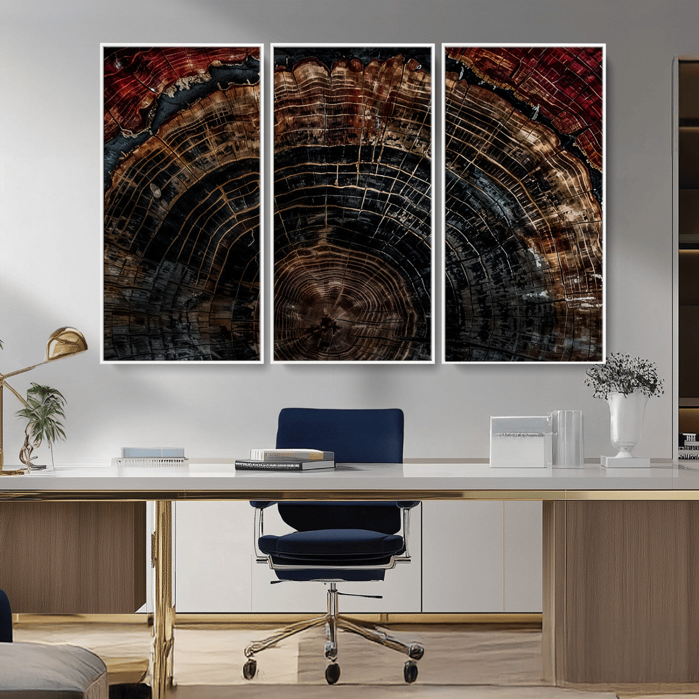 MGV-FC-48X32-3P - Dark Wood Ring Wall Art Canvas Print, Framed Abstract Wood Tree Art Picture Print, Rustic Tree Slice Perfect Rustic Decor Artwork