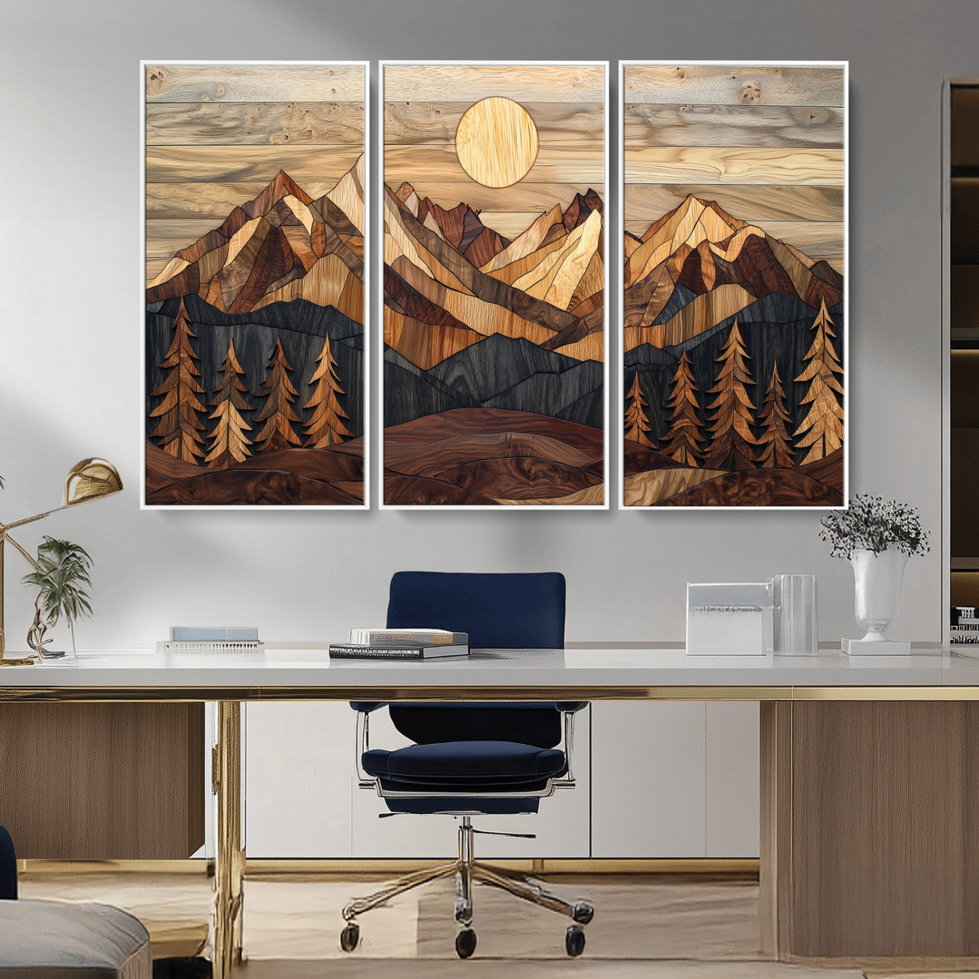 MGV-FC-48X32-3P - Wood Mountain Landscape Wall Art Canvas Print, Framed Sunset Hills Art Picture Print, Abstract Nature Perfect Boho Decor Artwork