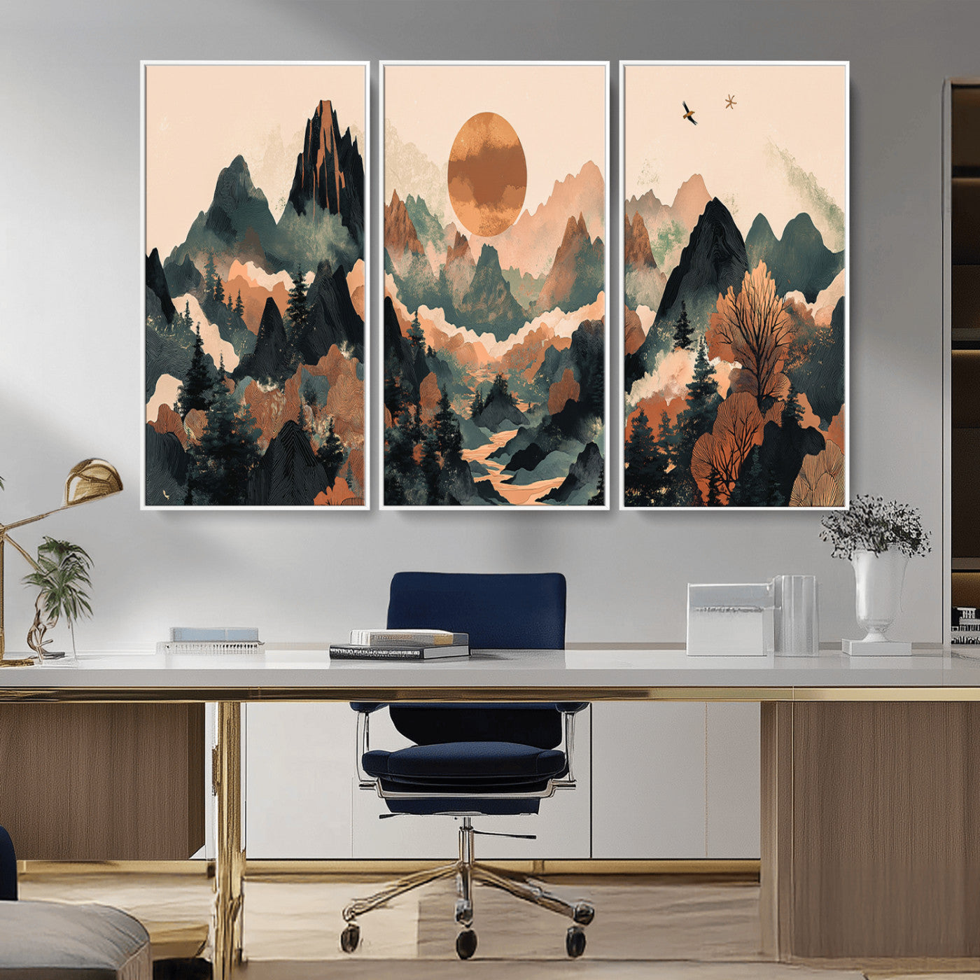 MGV-FC-48X32-3P - Wood Mountain Landscape Wall Art Canvas Print, Framed Sunset Hills Art Picture Print, Abstract Nature Perfect Boho Decor Artwork