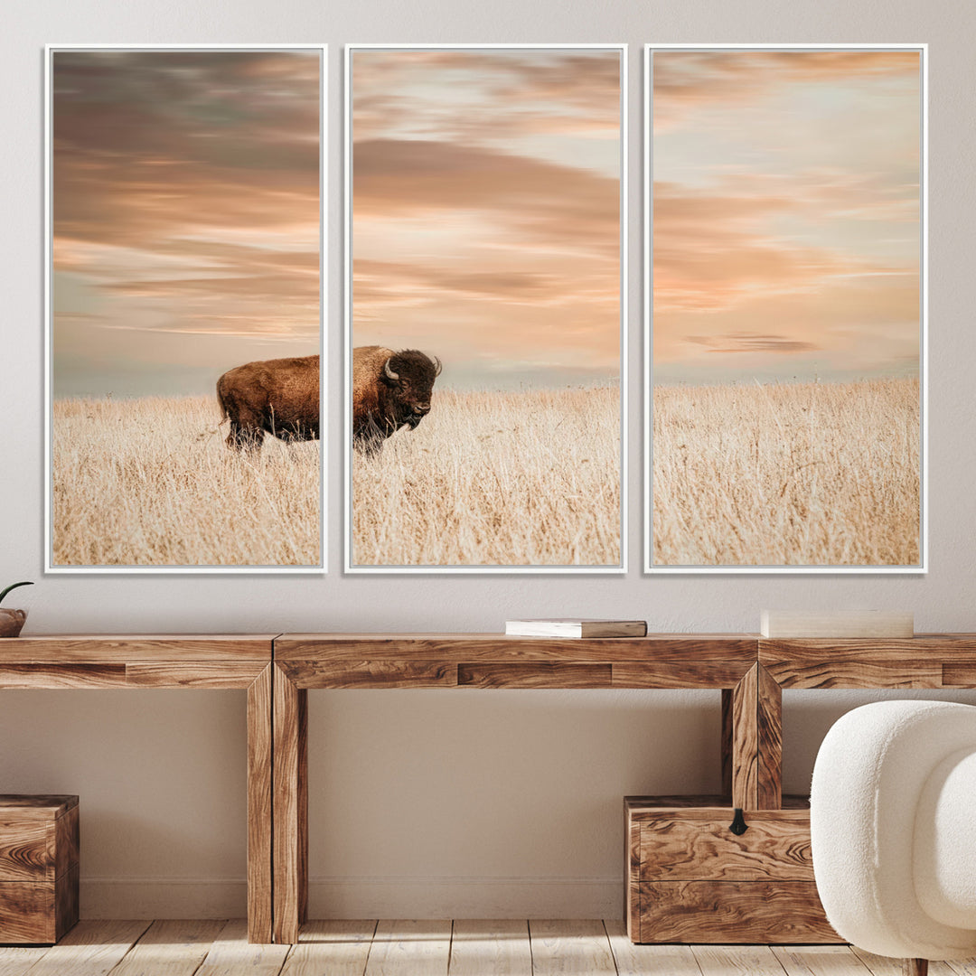 Bison Wall Art Canvas Print, Buffalo Print, Framed Western Prairie Art Print, Large Rustic Wildlife Printing Perfect for Rustic Decor