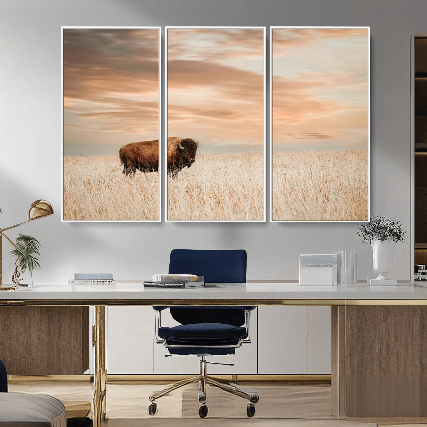 MGV-FC-48X32-3P - Bison Wall Art Canvas Print, Framed Buffalo Art Picture Print, Western Prairie Perfect Rustic Decor Artwork