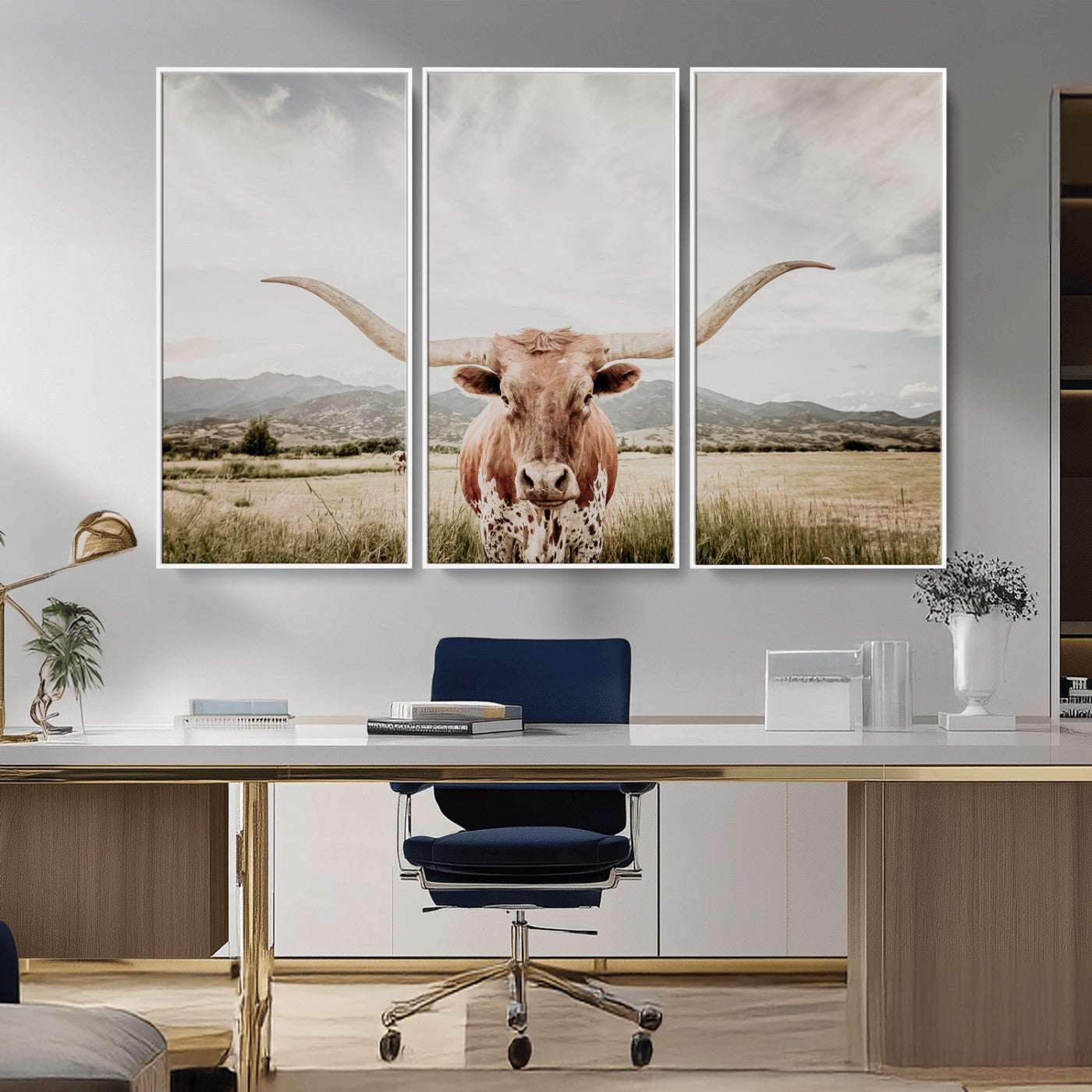 MGV-FC-48X32-3P - Texas Longhorn Wall Art Canvas Print, Framed Western Cow Art Picture Print, Rustic Farmhouse Perfect Farmhouse Decor Artwork
