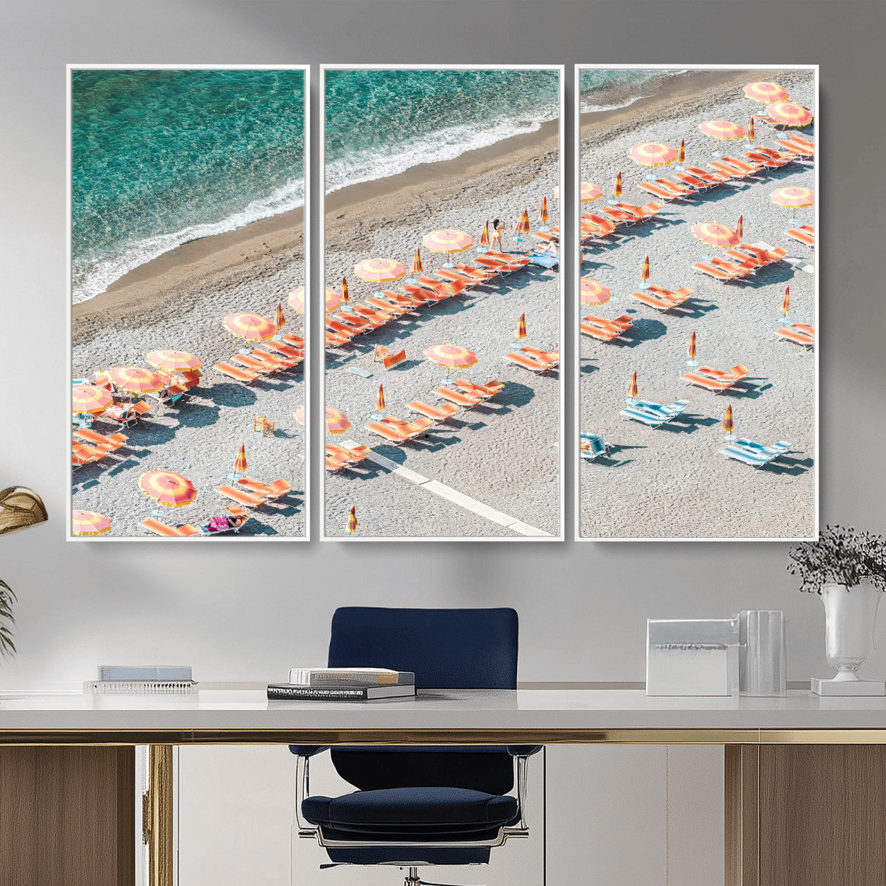 27805351-MGV-CV-36X24 - Beach Umbrellas Wall Art – Orange Loungers & Turquoise Water Canvas Print, Sandy Shore and Summer Vibes