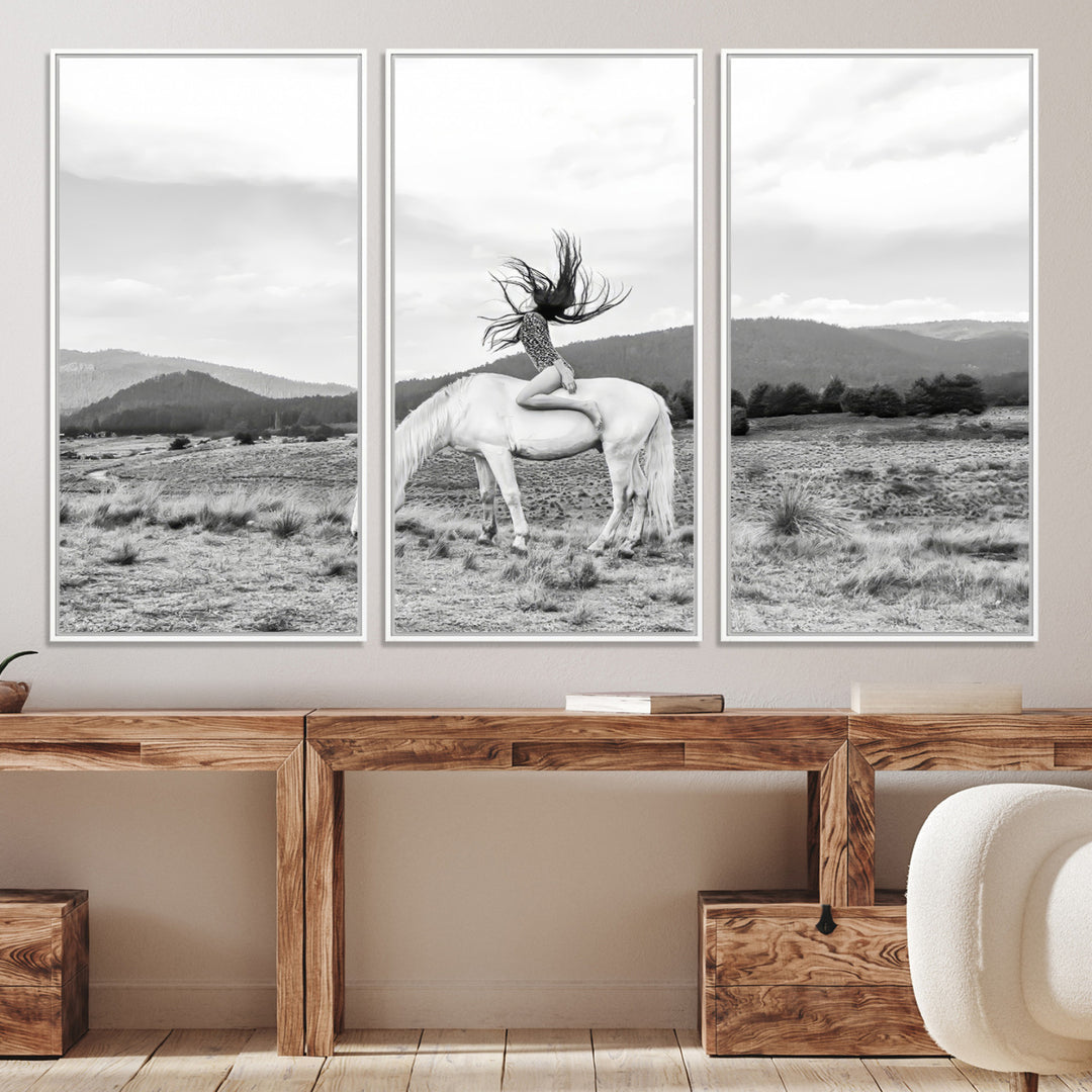 White Horse Wall Art Canvas Print, Woman Rider Print, Framed Equestrian Pose Art Print, Large Grazing Horse Printing Western Boho