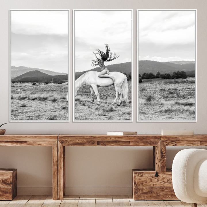 White Horse Wall Art Canvas Print, Woman Rider Print, Framed Equestrian Pose Art Print, Large Grazing Horse Printing Western Boho