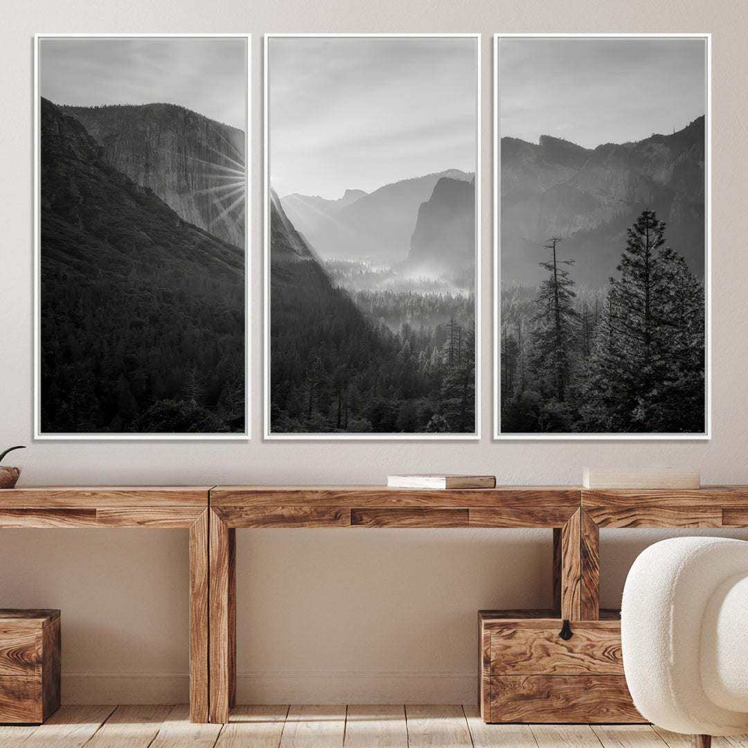 Yosemite Valley Wall Art Canvas Print, El Capitan Sunrise Print, Framed Misty Mountain Art Print, Large Monochrome Valley Printing