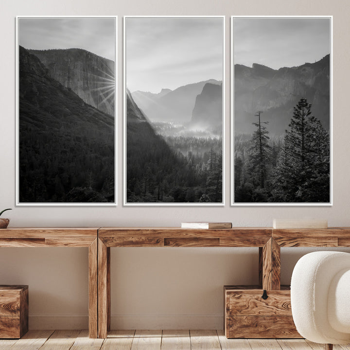 Yosemite Valley Wall Art Canvas Print, El Capitan Sunrise Print, Framed Misty Mountain Art Print, Large Monochrome Valley Printing