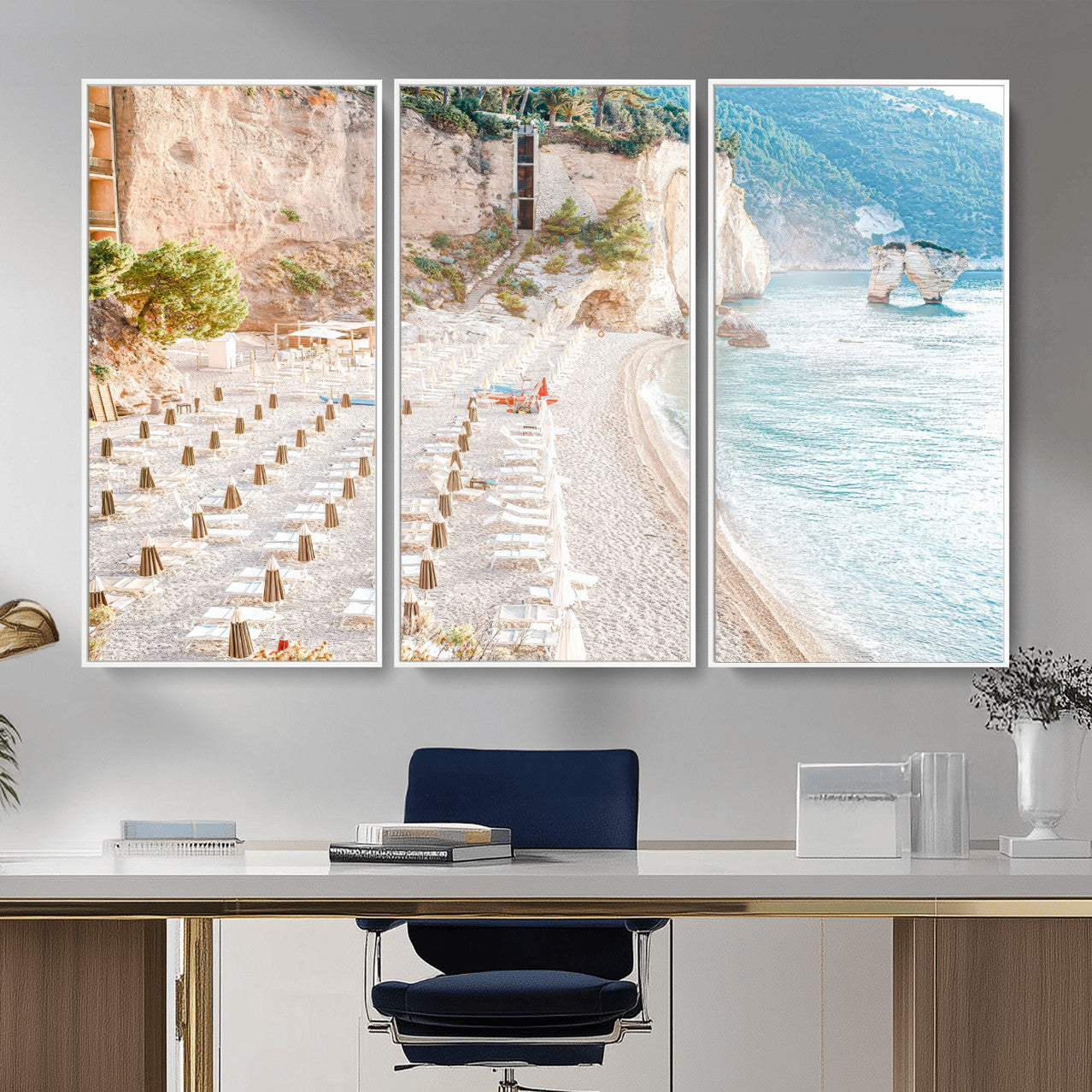 84816639-MGV-CV-36X24 - Sunny Beach Wall Art – Chairs & Umbrellas Canvas Print, Clear Water, Rocky Cliffs, Coastal Calm for Living Room or Vacation Home Decor