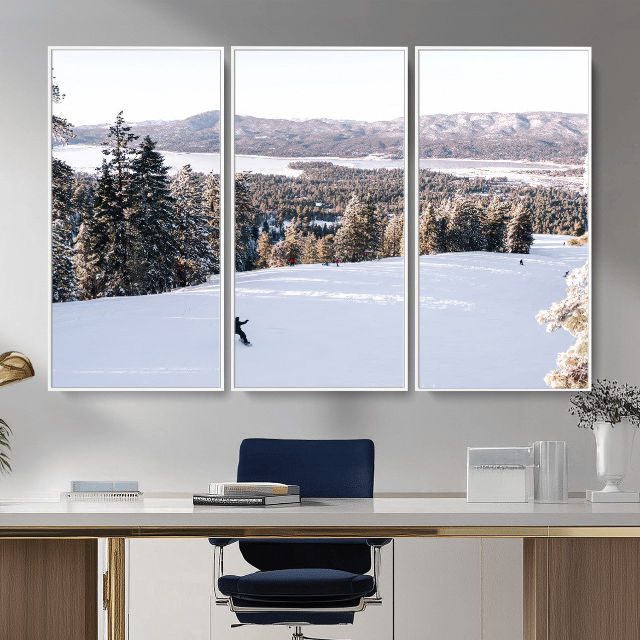 79857868-MGV-CV-36X24 - Snowboarder Wall Art – Winter Slope Canvas Print, Pine Forest, Snow-Covered Mountains, Outdoor Adventure for Living Room or Cabin Decor