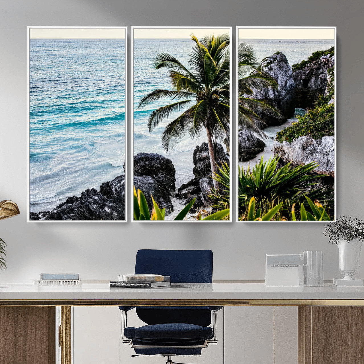 94669907-MGV-CV-36X24 - Tropical Palm Wall Art – Coastal Rocks Canvas Print, Ocean Breeze, Sandy Shore, Vibrant Green Foliage for Living Room or Beach House Decor