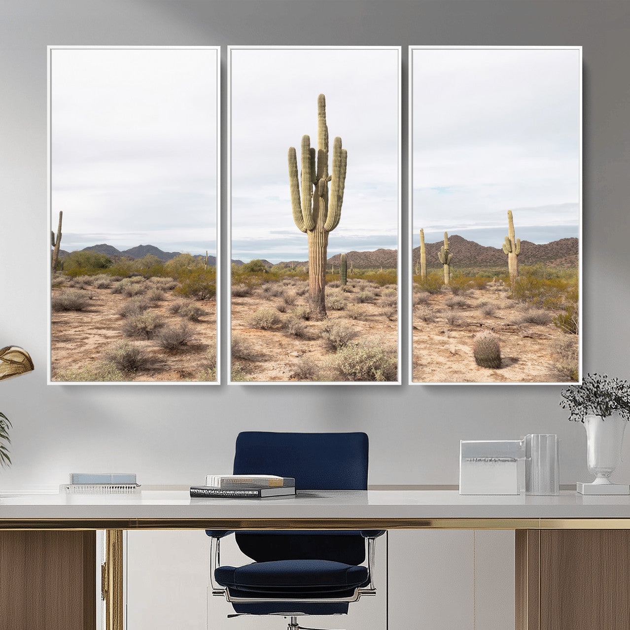 MGV-FC-48X32-3P - Saguaro Cactus Wall Art Canvas Print, Framed Desert Cactus Art Picture Print, Earthy Desert Perfect Southwestern Boho Decor Artwork