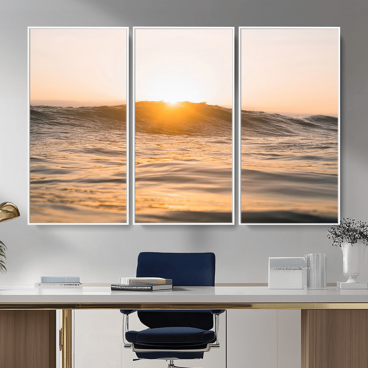 16973771-MGV-CV-36X24-Calm Water Wall Art – Framed Sunset Waves Canvas Artwork, Coastal Warm Design, Minimal Ocean Decor for Home, Office