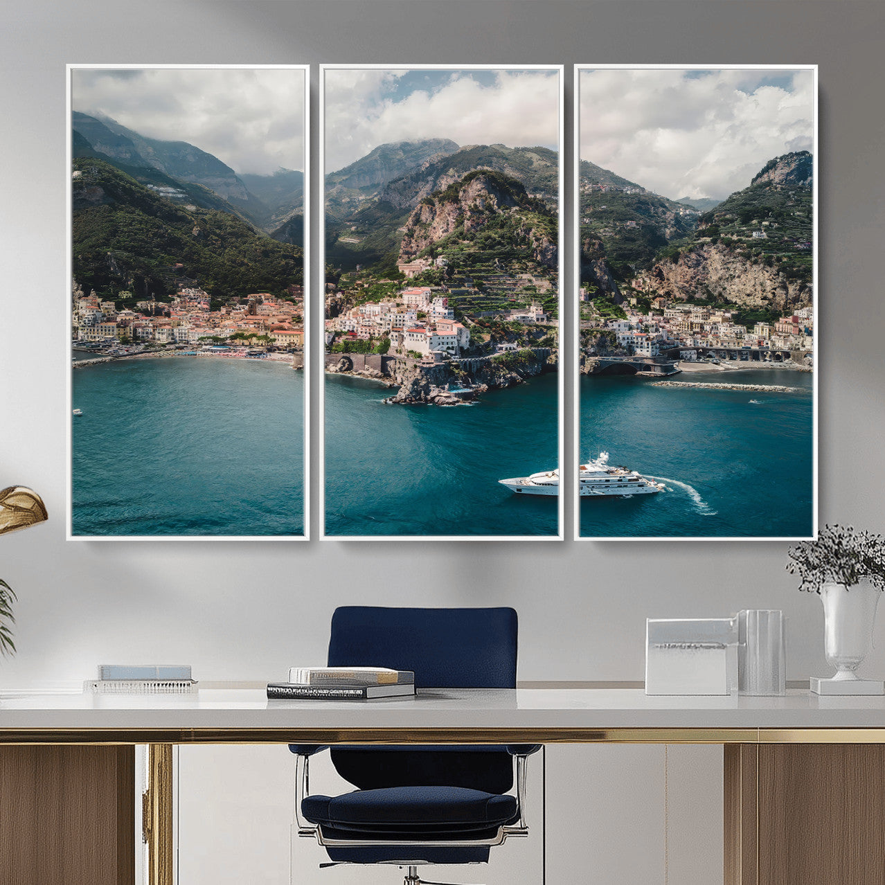 20321590-MGV-CV-36X24-Amalfi Coast Wall Art – Framed Italian Seaside Canvas Artwork, Mediterranean Landscape Design, Coastal Decor for Home, Office