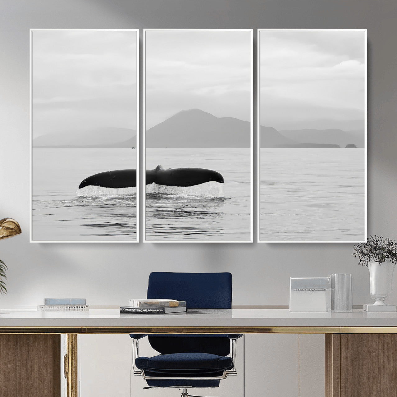 MGV-FC-48X32-3P - Whale Tail Wall Art Canvas Print, Framed Black White Ocean Art Picture Print, Calm Marine Perfect Minimalist Coastal Decor Artwork