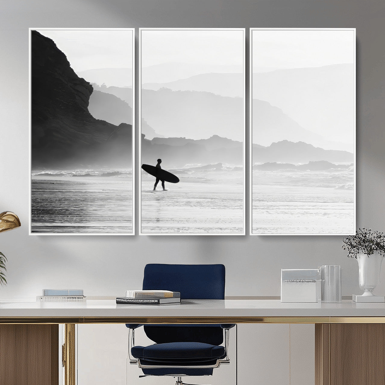 MGV-FC-48X32-3P - Surfer In Fog Wall Art Canvas Print, Framed Moody Shoreline Art Picture Print, Cliffside Waves Perfect Minimalist Coastal Decor Artwork