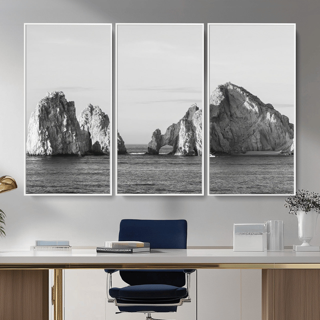 MGV-FC-48X32-3P - Rugged Coastline Wall Art Canvas Print, Framed Ocean Cliffs Art Picture Print, Monochrome Seascape Perfect Coastal Minimalist Decor Artwork