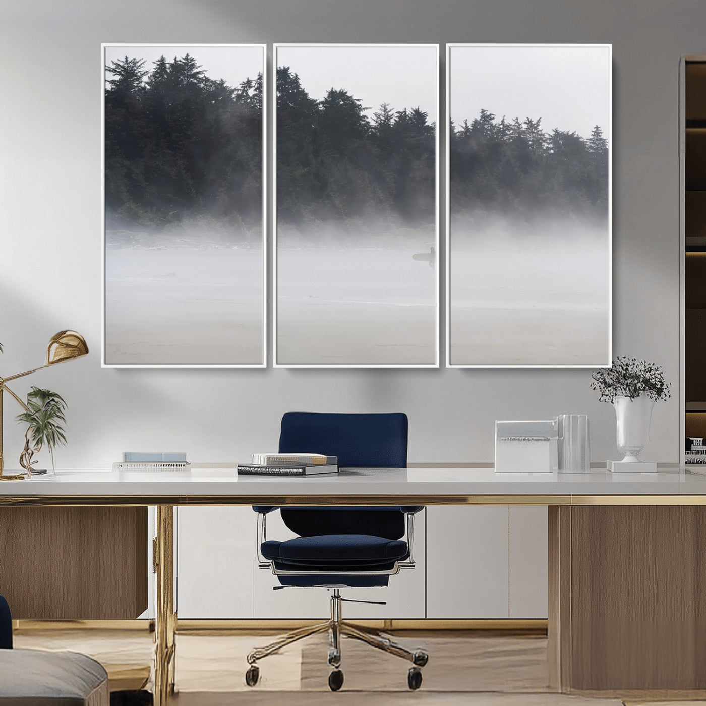 59703275-MGV-FC-48X32-3P_White-Surfer Fog Wall Art Canvas Print – Framed Foggy Beach Scene with Coastal Surf Artwork for Home, Office, Living Room