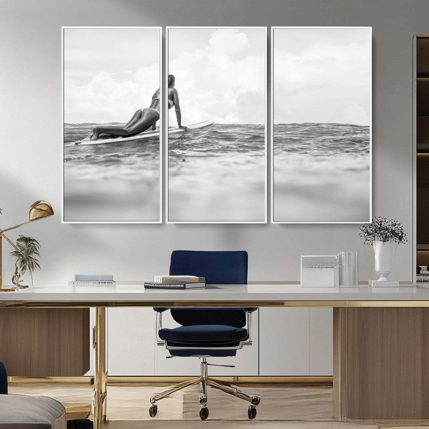 69798068-MGV-CV-36X24-Black and White Surfing Wall Art Canvas Print – Framed Ocean Horizon with Surfer Girl Coastal Adventure Artwork for Home, Office