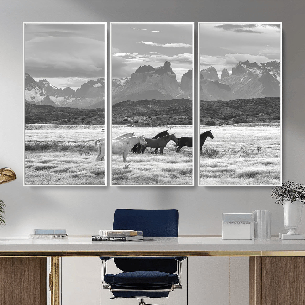 MGV-FC-48X32-3P - Wild Horses Wall Art Canvas Print, Framed Black White Mountains Art Picture Print, Rustic Countryside Perfect Rustic Western Decor Artwork