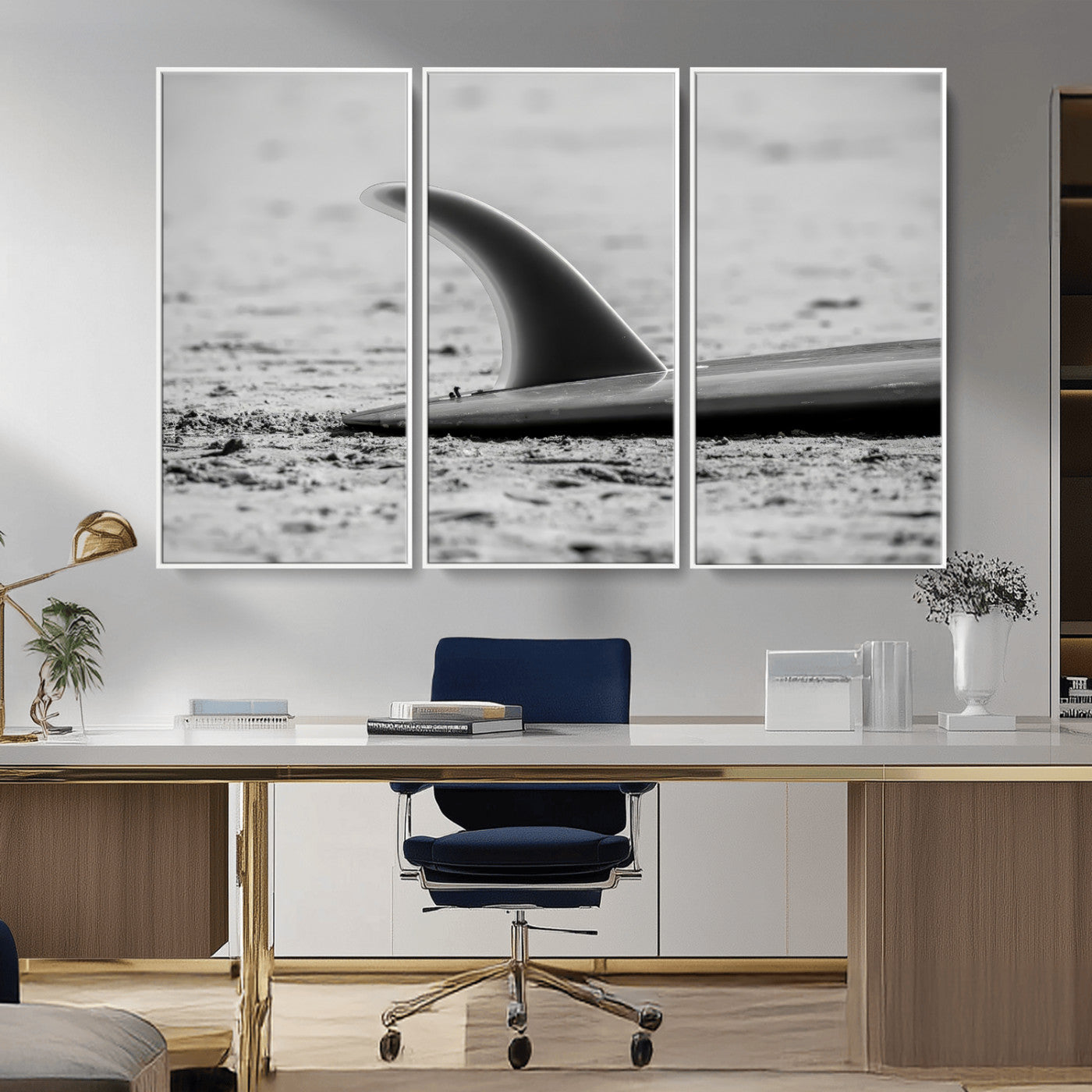 MGV-FC-48X32-3P - Black White Surfboard Wall Art Canvas Print, Framed Minimalist Beach Art Picture Print, Surf Fin Perfect Minimalist Coastal Decor Artwork