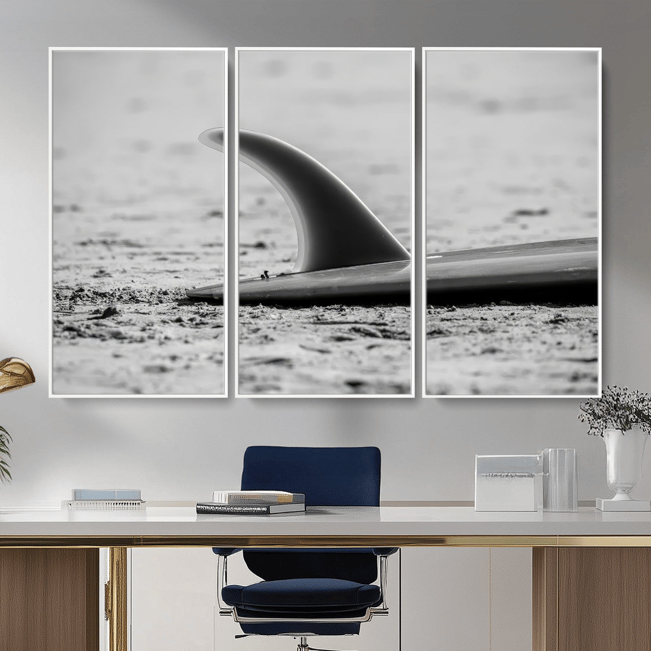 MGV-FC-48X32-3P - Black White Surfboard Wall Art Canvas Print, Framed Minimalist Beach Art Picture Print, Surf Fin Perfect Minimalist Coastal Decor Artwork