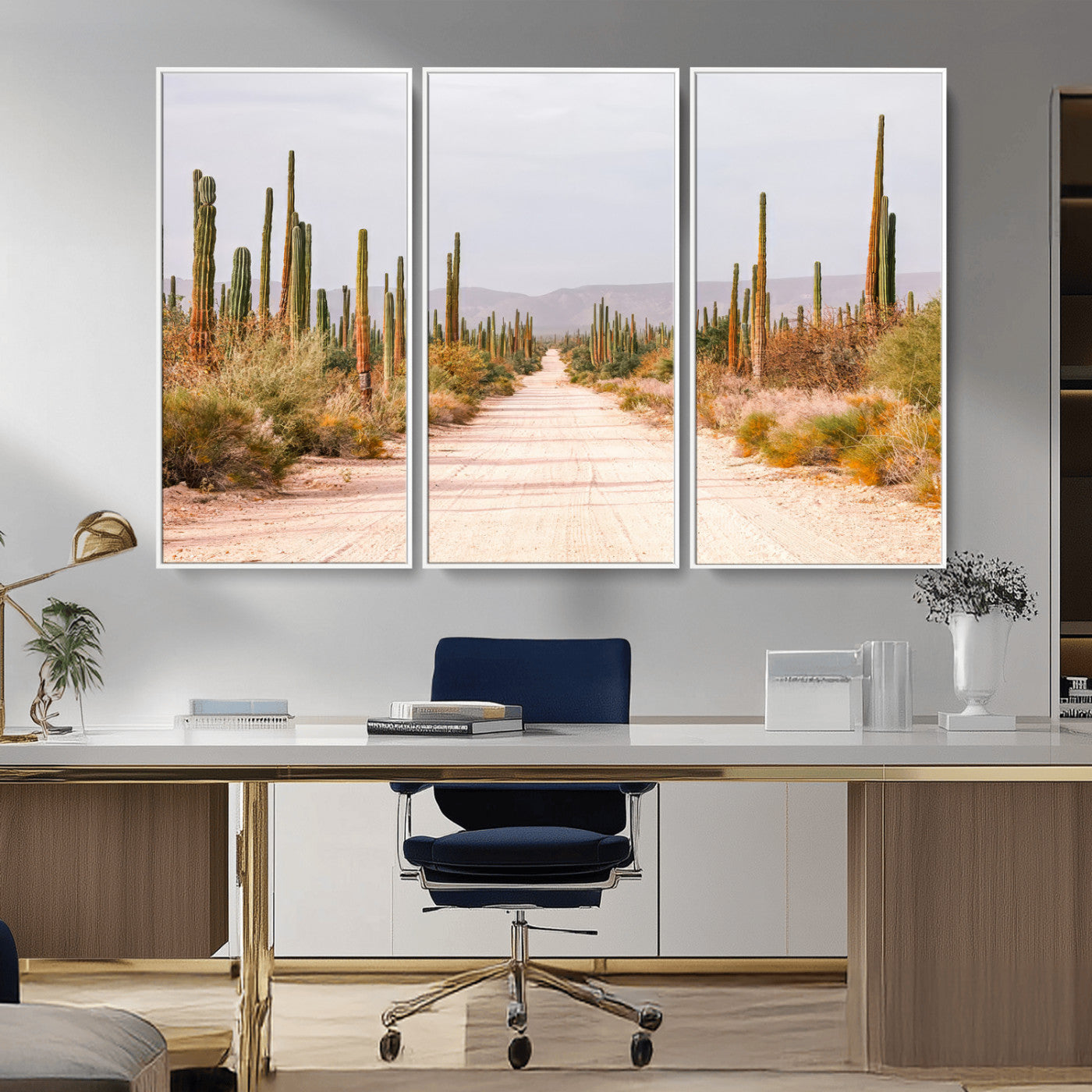 MGV-FC-48X32-3P - Desert Cactus Lined Road Wall Art Canvas Print, Framed Southwestern Landscape Art Picture Print, Bohemian Western Aesthetic Perfect Southwestern Boho Decor Artwork