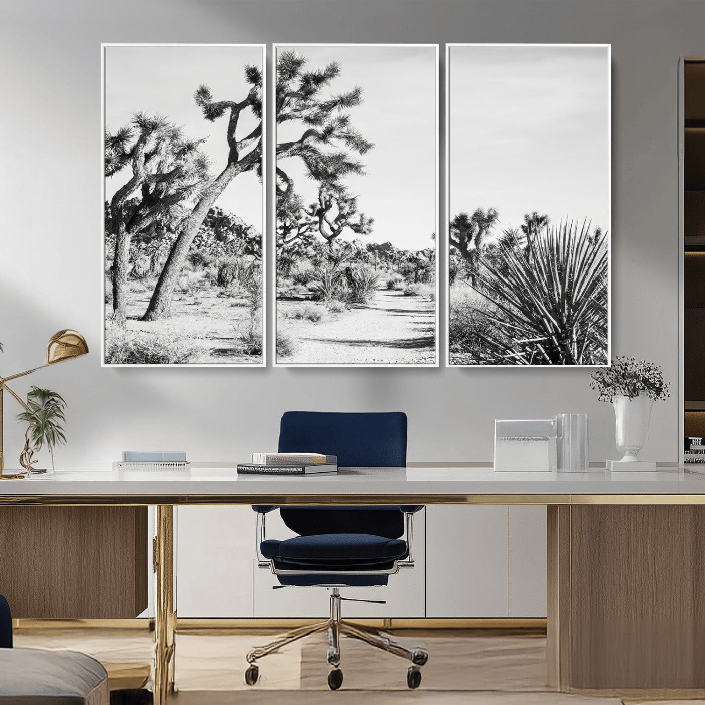 MGV-FC-48X32-3P - Joshua Tree Wall Art Canvas Print, Framed Desert Path Art Picture Print, Monochrome Desert Perfect Minimalist Desert Decor Artwork