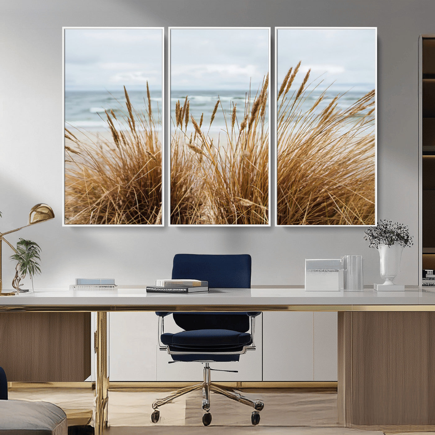 MGV-FC-48X32-3P - Beach Grass Wall Art Canvas Print, Framed Coastal Dunes Art Picture Print, Dune Grass Perfect Coastal Minimalist Decor Artwork
