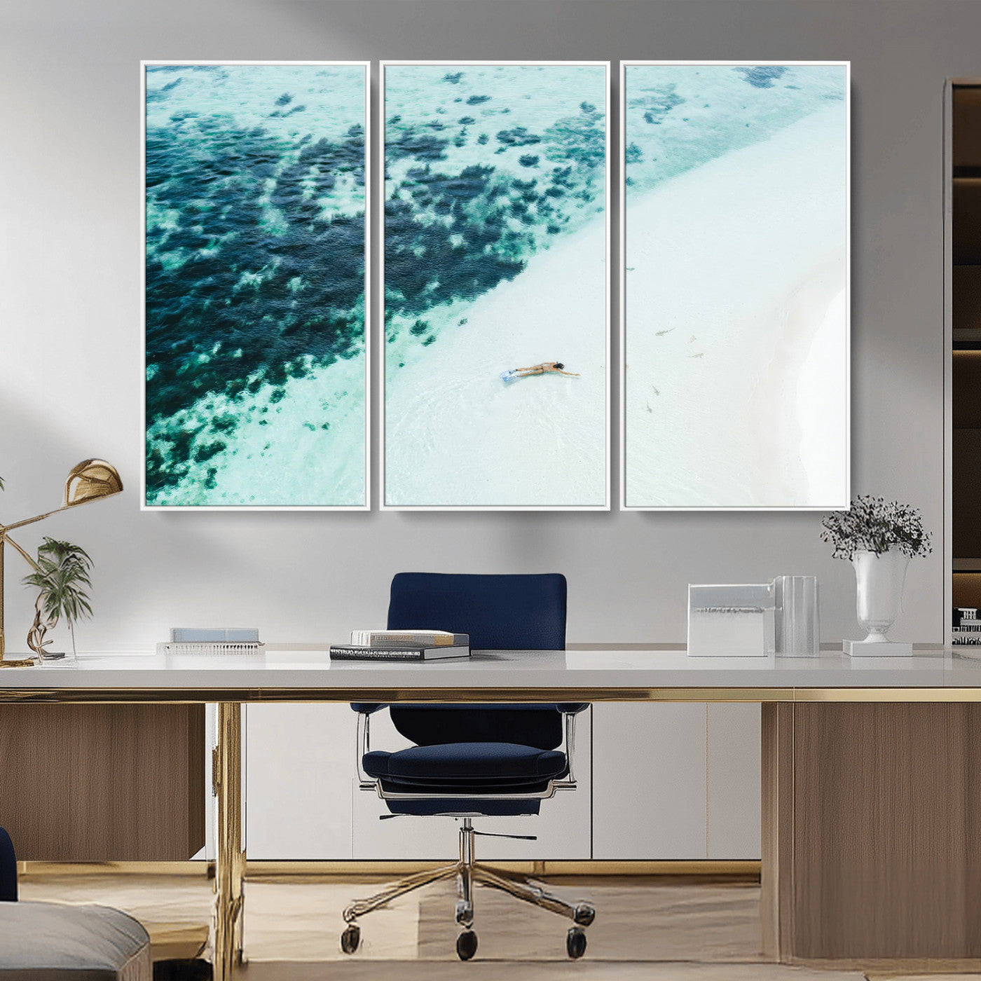 MGV-FC-48X32-3P - Minimal Beach Wall Art Canvas Print, Framed Ocean Swimming Art Picture Print, Clear Ocean Perfect Minimal Coastal Decor Artwork