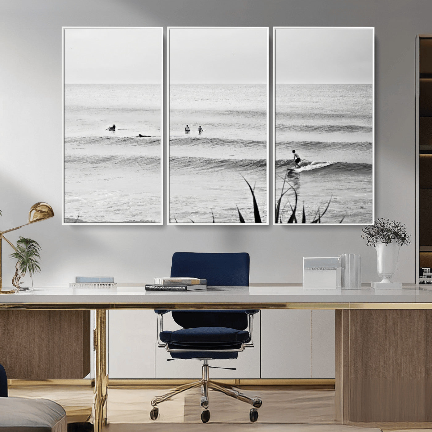 MGV-FC-48X32-3P - Surfer Silhouette Wall Art Canvas Print, Framed Calm Ocean Art Picture Print, Monochrome Surf Perfect Minimalist Coastal Decor Artwork
