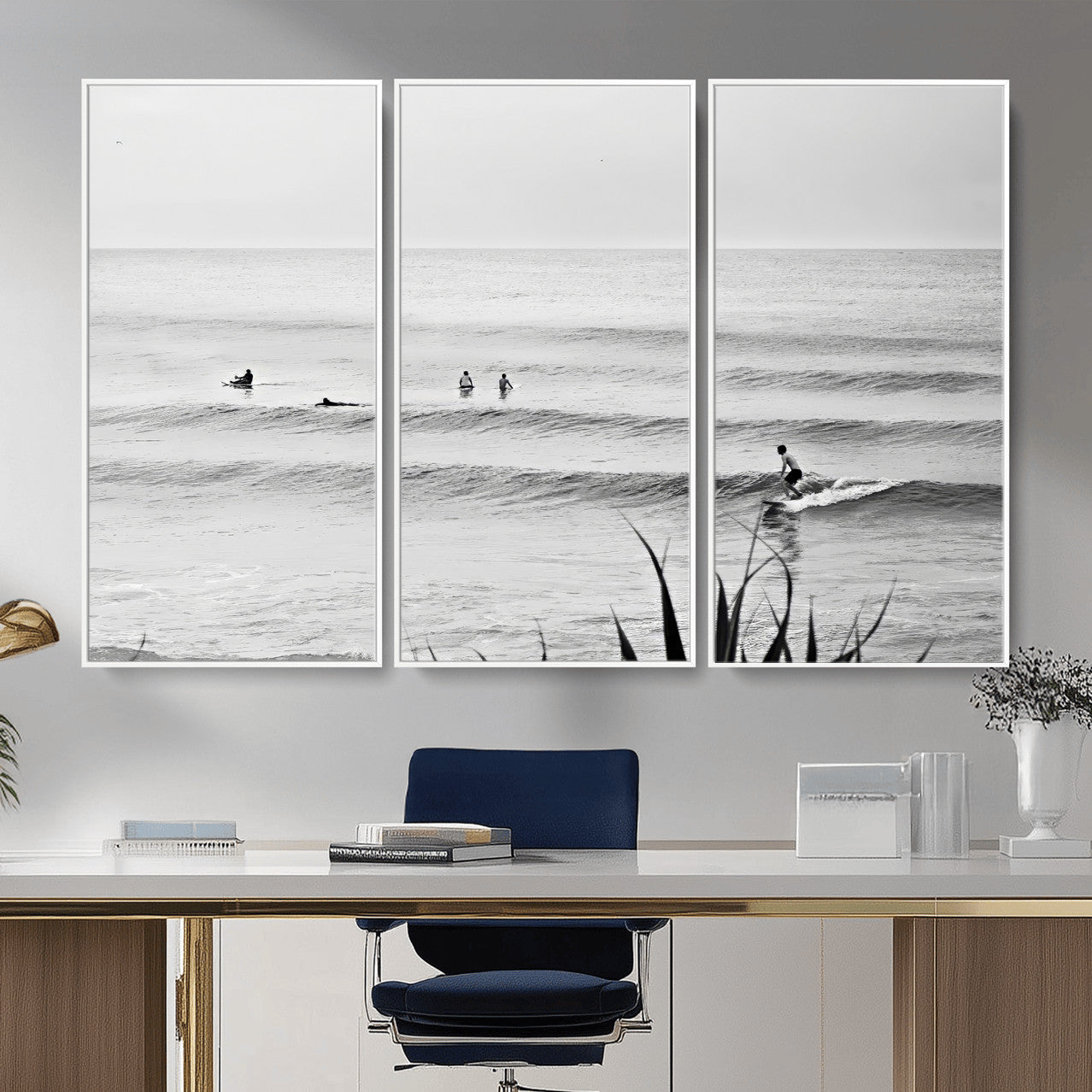 33821421-MGV-CV-36X24 - Surfer Silhouette Wall Art Canvas Print, Framed Calm Ocean Art Picture Print, Monochrome Surf Minimalist Coastal Decor Artwor