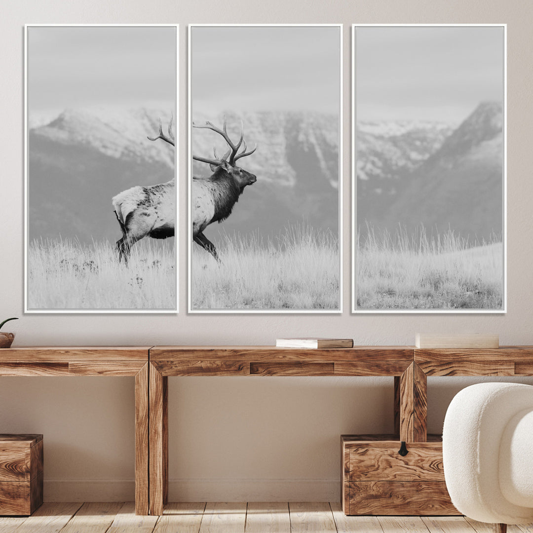 Rustic Elk Wall Art Canvas Print, Wildlife Antler Print, Framed Western Hunting Lodge Art Print, Large Mountain Nature Scene Printing Perfect for Japanese Decor