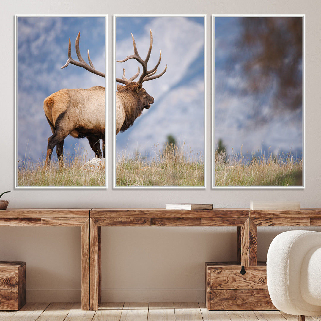 Rustic Elk Wall Art Canvas Print, Wildlife Antler Print, Framed Western Hunting Lodge Art Print