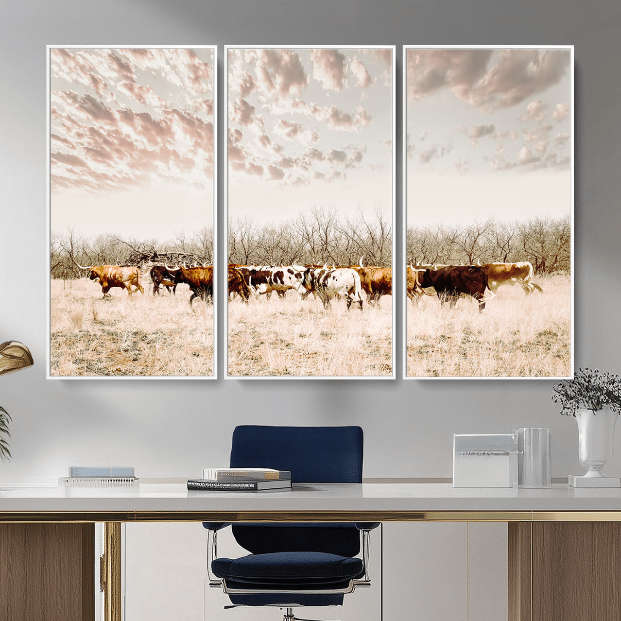 64892775-MGV-CV-36X24 - Longhorn Cattle Wall Art Canvas Print, Framed Texas Ranch Art Picture Print, Western Cow Perfect Western Decor Artwork
