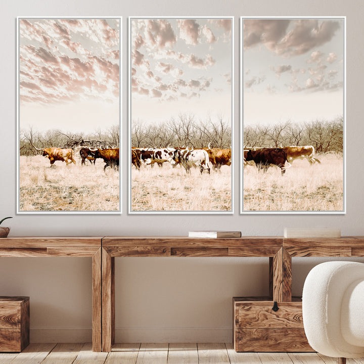 Longhorn Cattle Wall Art Canvas Print, Texas Ranch Print, Framed Western Cow Art Print, Large Prairie Landscape Printing Perfect for Western Decor