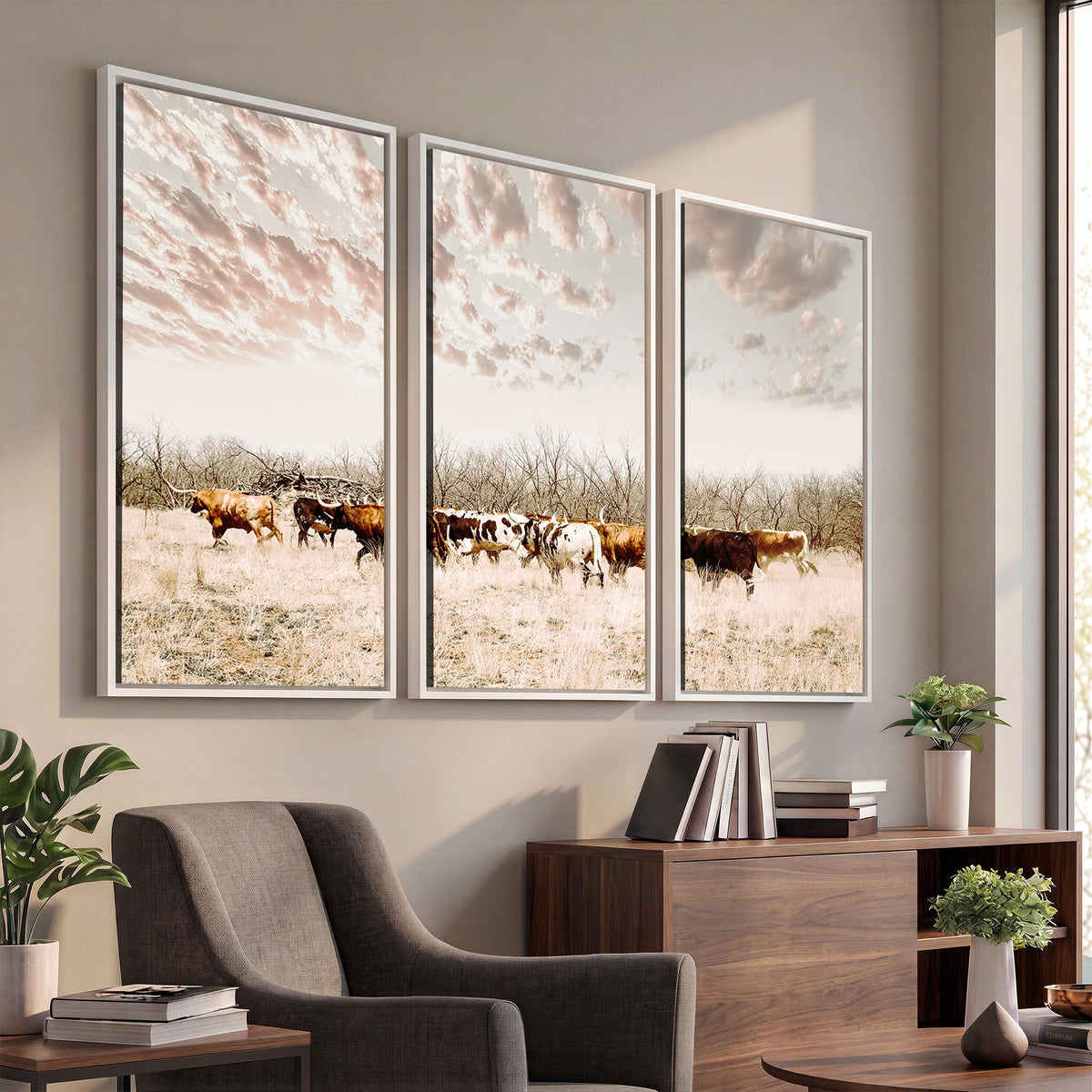 64892775-MGV-CV-24X16 - Longhorn Cattle Wall Art Canvas Print, Framed Texas Ranch Art, Western Cow Print, Prairie Landscape Decor