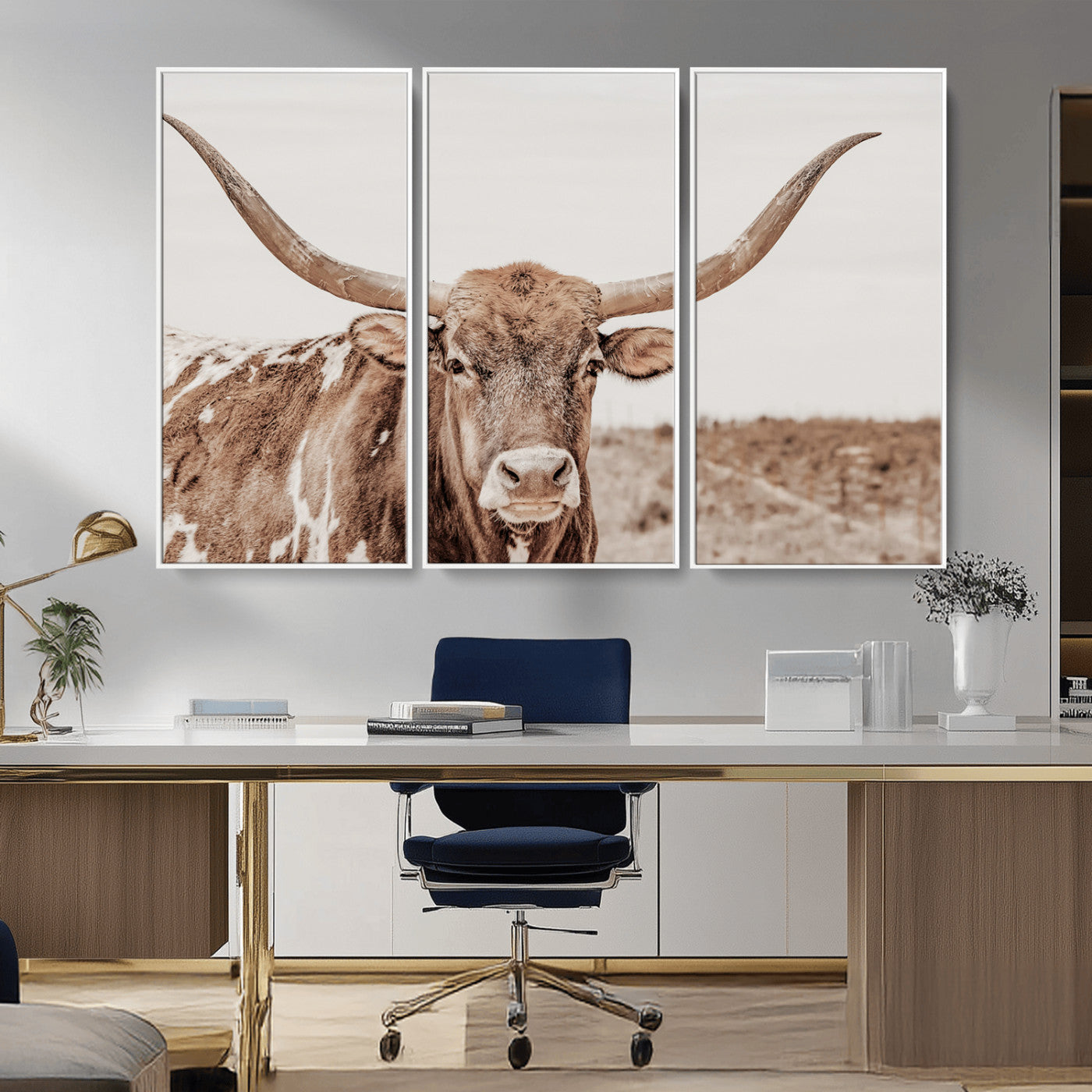MGV-FC-48X32-3P - Longhorn Cow Wall Art Canvas Print, Framed Texas Ranch Art Picture Print, Western Bull Perfect County Decor Artwork