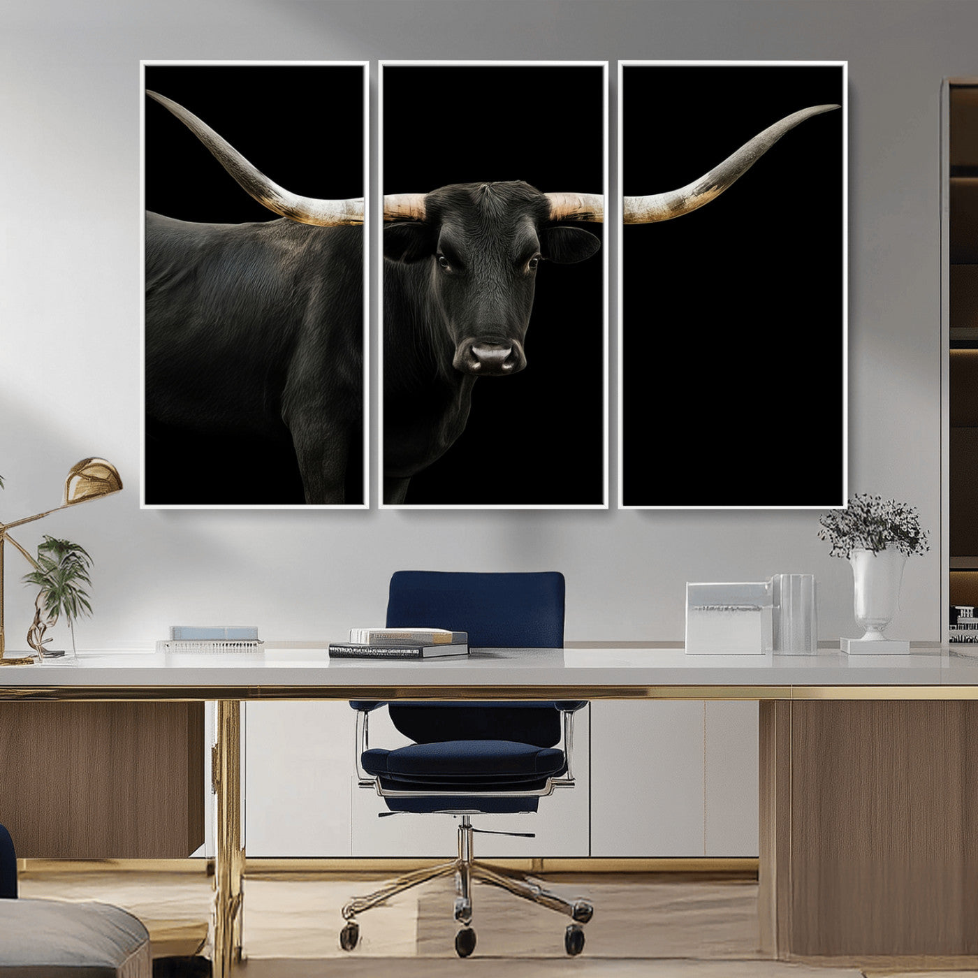 MGV-FC-48X32-3P - Longhorn Cattle Wall Art Canvas Print, Framed Texas Ranch Art Picture Print, Western Cow Perfect Farmhouse Decor Artwork