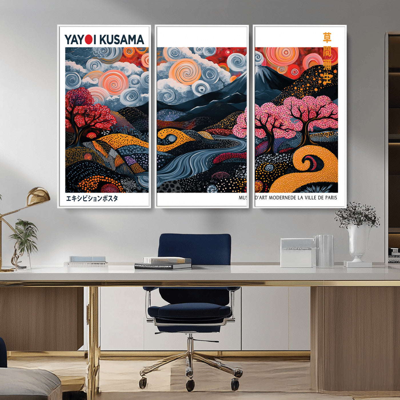 MGV-FC-48X32-3P - Modern Japanese Wall Art Print Yayoi Kusama Canvas Wall Art Abstract Mount Fuji Canvas Print