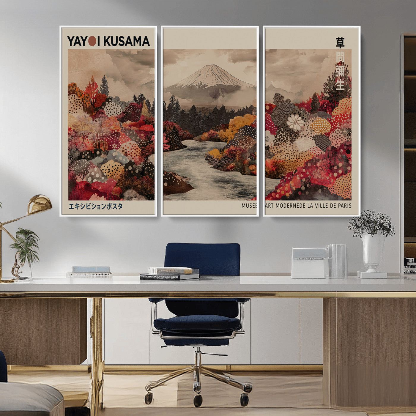 MGV-FC-48X32-3P - Modern Japanese Wall Art Print Yayoi Kusama Canvas Wall Art Abstract Mount Fuji Canvas Print