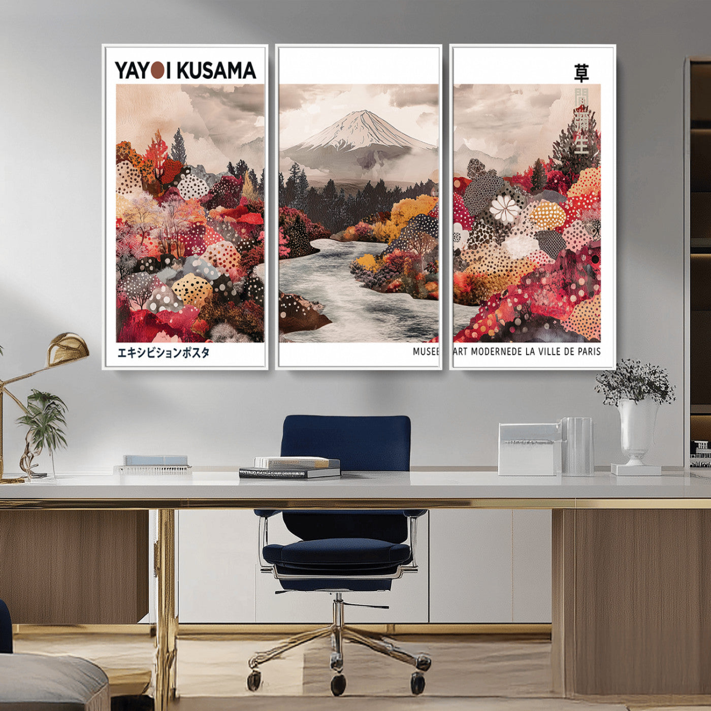 MGV-FC-48X32-3P - Modern Japanese Wall Art Print, Yayoi Kusama Canvas Wall Art, Abstract Mount Fuji Art Canvas Print,