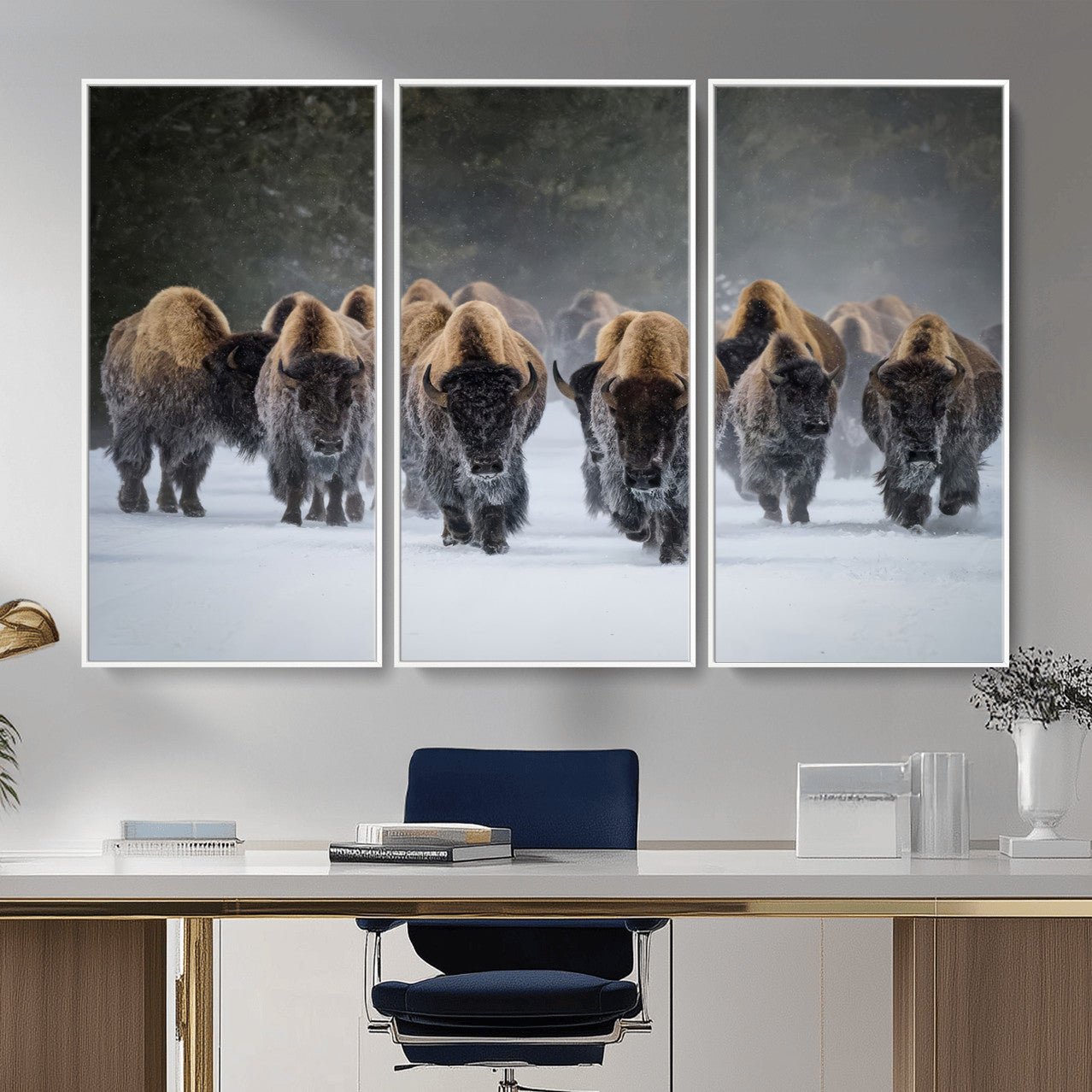 41669135-MGV-CV-36X24 - Winter Bison Herd Wall Art – Majestic Buffalo Charge Canvas Print with Snow Covered Plains, Rustic Wildlife Strength and Untamed Nature Decor for Home and Office