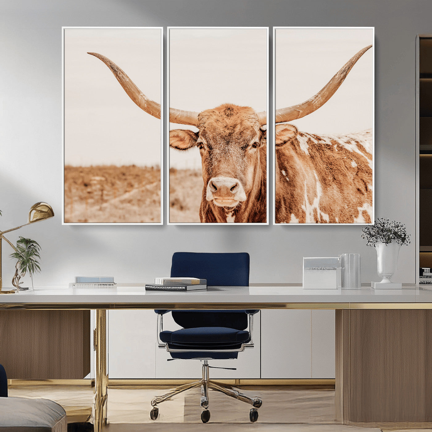 MGV-FC-48X32-3P - Longhorn Bull Wall Art Canvas Print, Framed Western Cow Art Picture Print, Rustic Farmhouse Perfect Neutral Farmhouse Decor Artwork