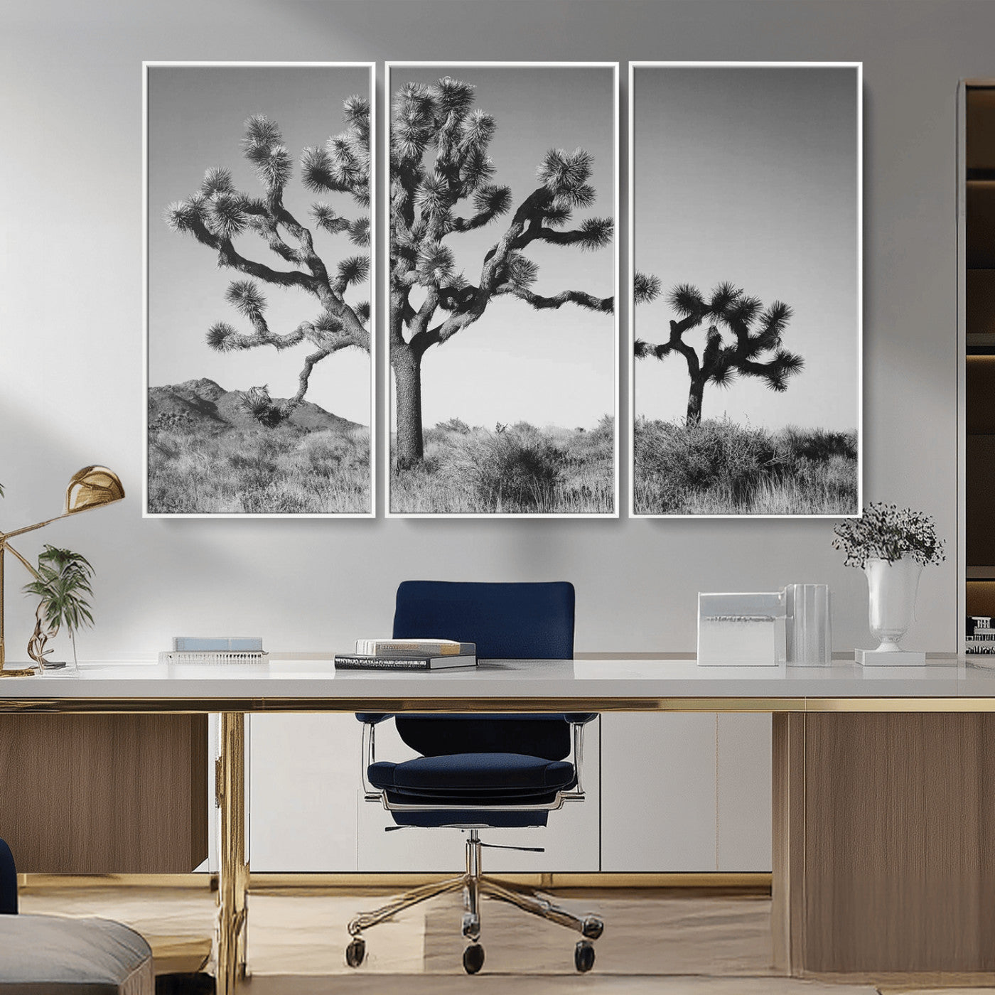 MGV-FC-48X32-3P - Joshua Tree Wall Art Canvas Print, Framed Monochrome Desert Art Picture Print, Minimalist Nature Scene Perfect Southwestern Minimalist Decor Artwork