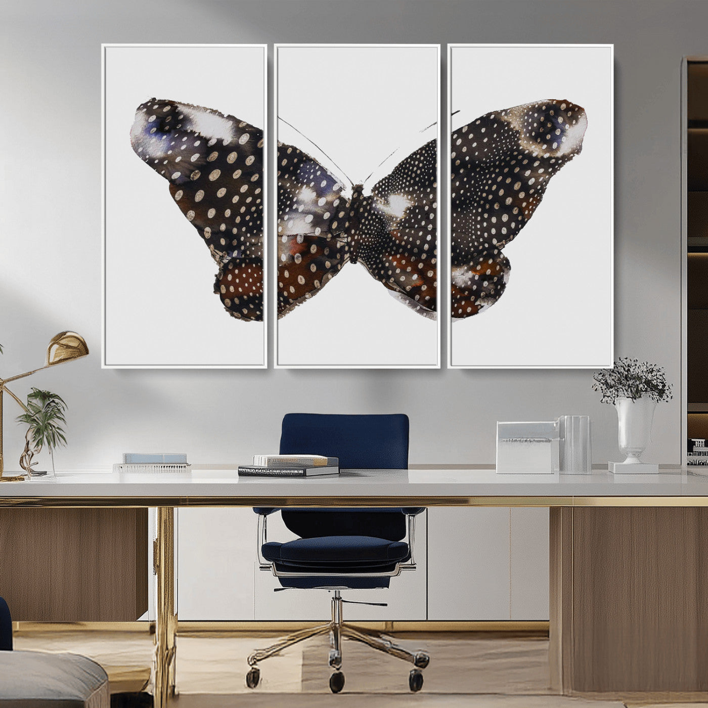 MGV-FC-48X32-3P - Spotted Butterfly Wall Art Canvas Print, Framed Neutral Insect Theme Art Picture Print, Earthy Wing Pattern Perfect Modern Rustic Decor Artwork