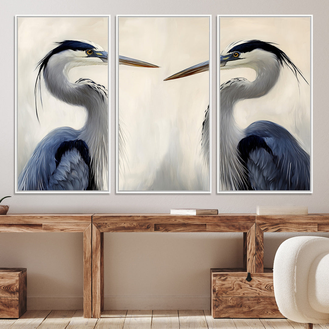 Blue Heron Pair Wall Art Canvas Print, Coastal Bird Theme Print, Framed Tranquil Wildlife Scene Art Print, Large Nature Inspired Decor Printing