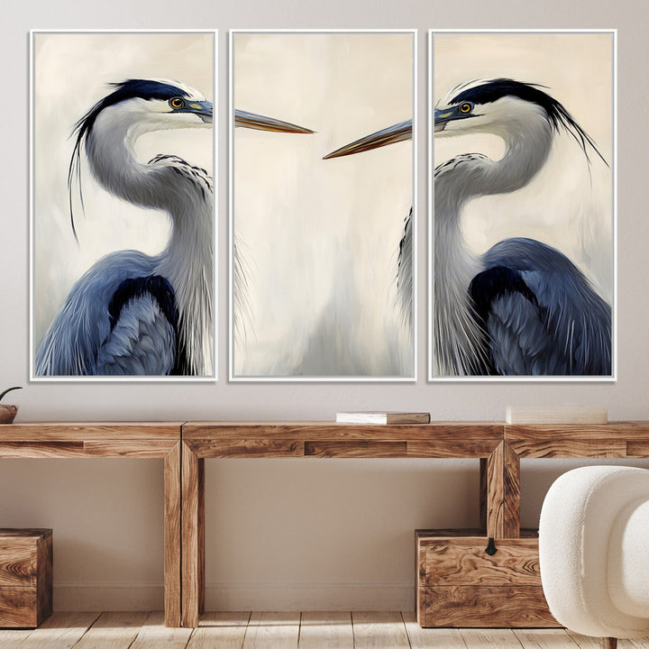 Blue Heron Pair Wall Art Canvas Print, Coastal Bird Theme Print, Framed Tranquil Wildlife Scene Art Print, Large Nature Inspired Decor Printing